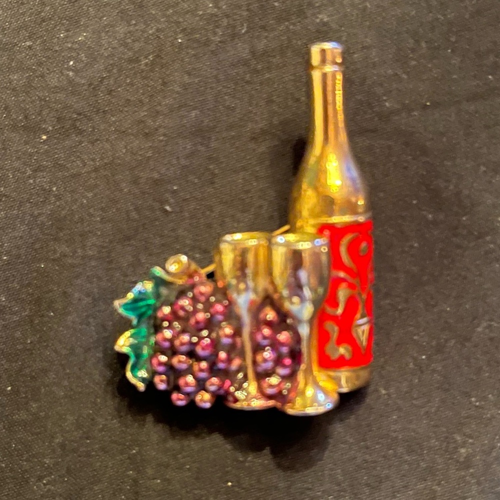 Enamel Gold Tone Wine Bottle and Grapes Brooch